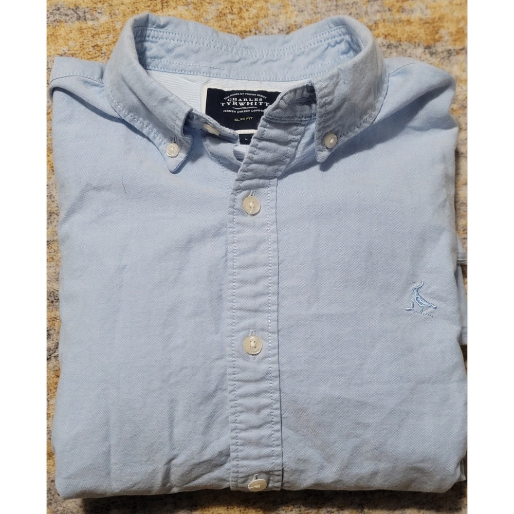 Charles Tyrwhitt Men's Light Blue Cotton Oxford Slim Fit Button-Up Shirt Size‎ L